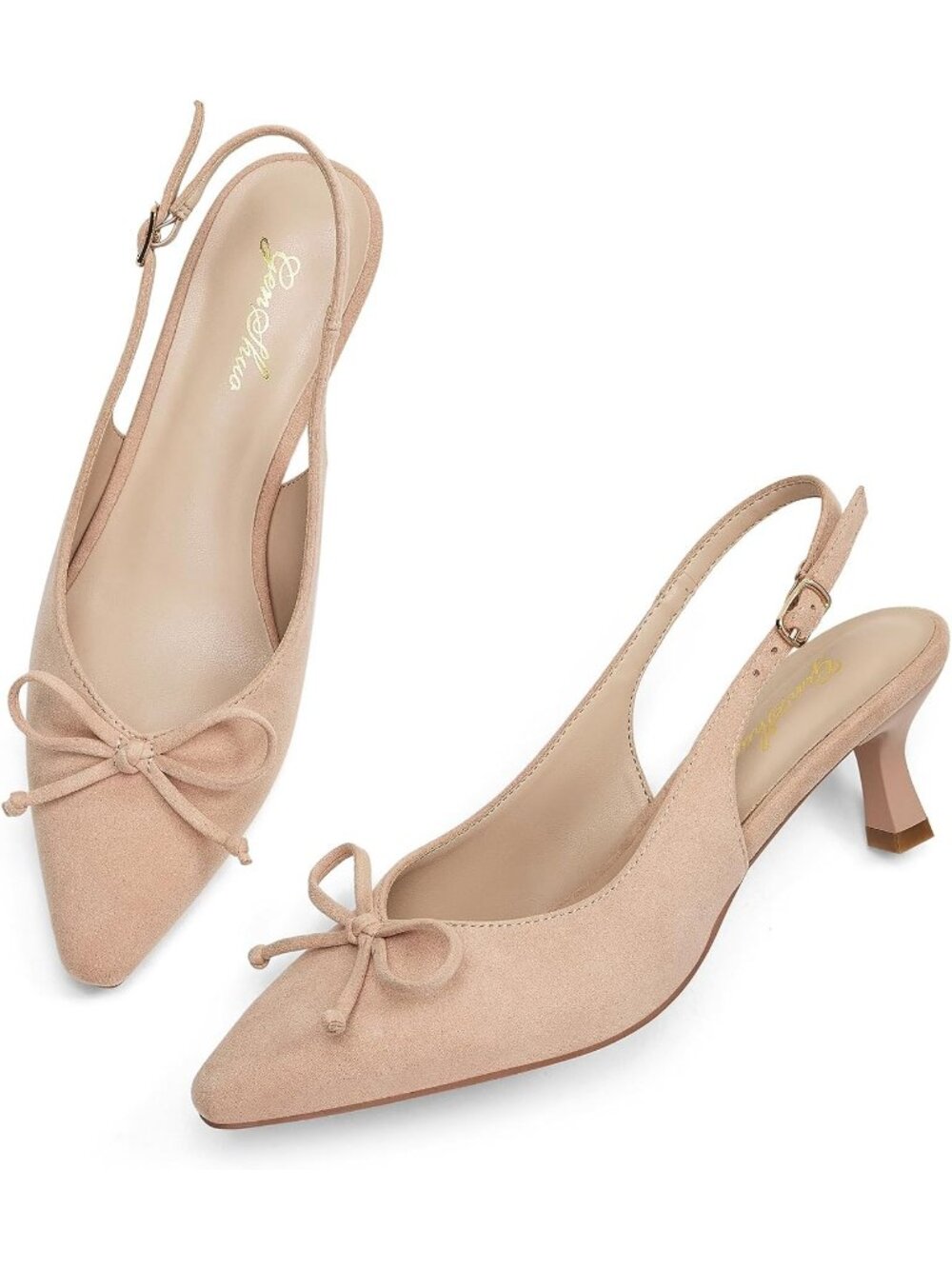 Womens Nude With Bowknot Slingback Pump Pointed Closed Toe Low Kitten Heel Shoes